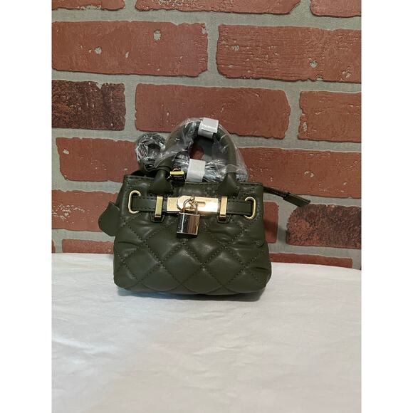NEW Badgley Mischka Mini Tote Bag Green Quilted Gold Front Lock Crossbody - Picture 3 of 6